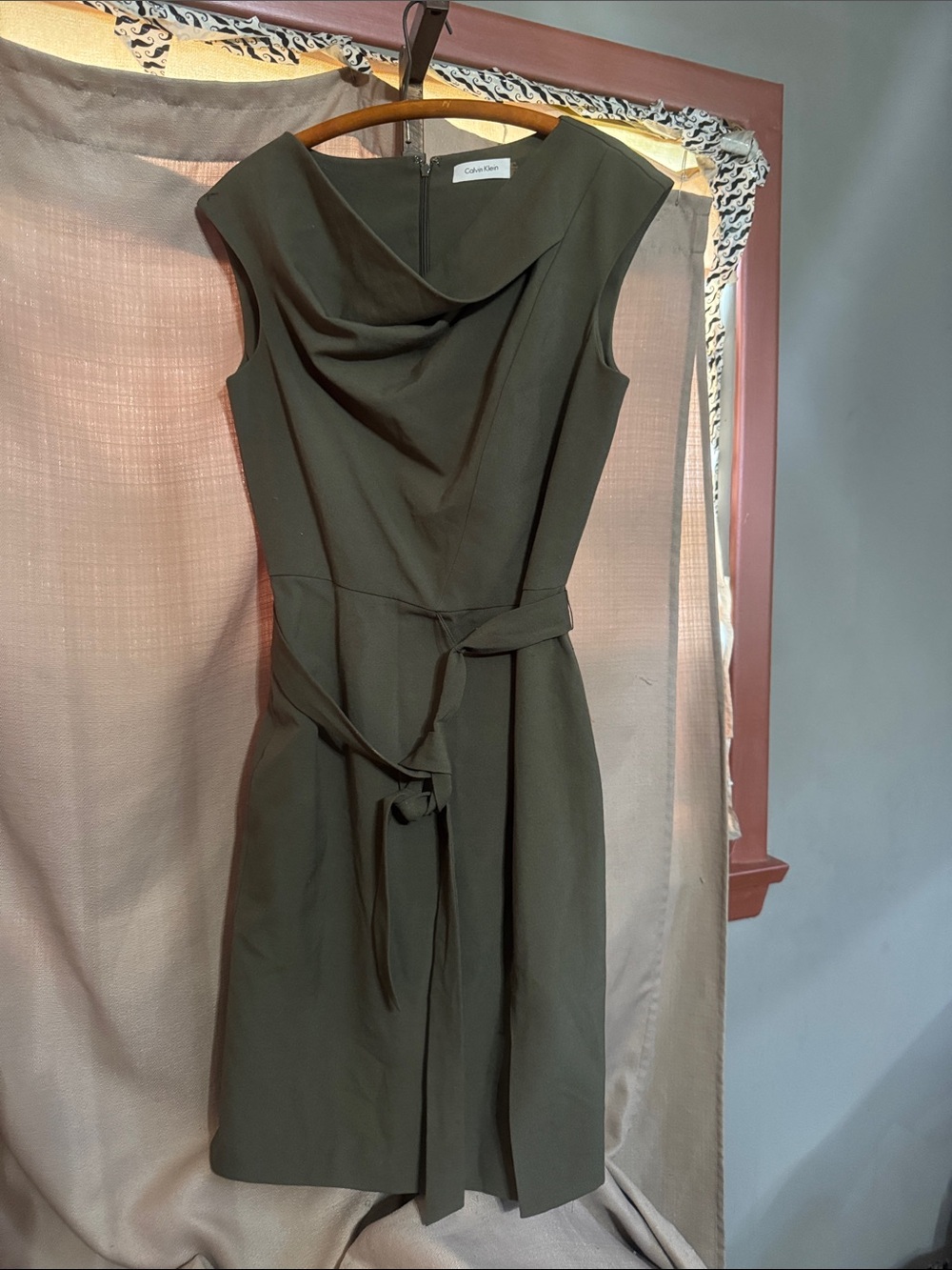 Calvin Klein Olive Draped Neck Sheath Dress with Self Tie-S-19-2